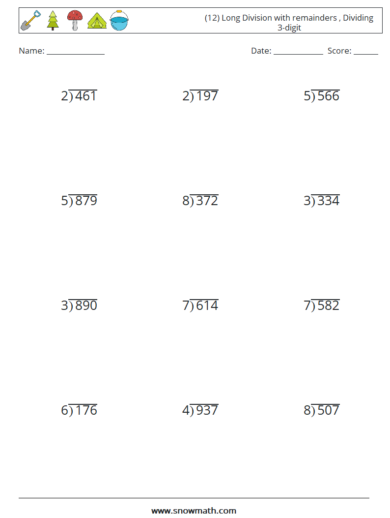 (12) Long Division with remainders , Dividing 3-digit Maths Worksheets 12