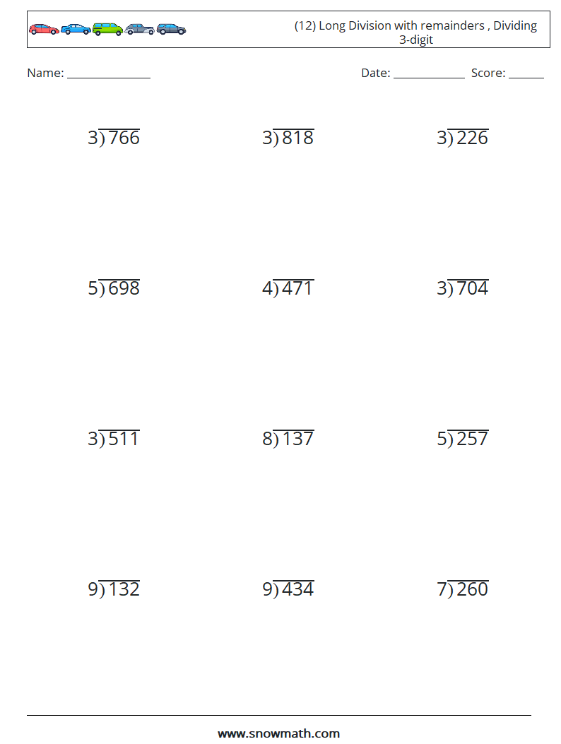 (12) Long Division with remainders , Dividing 3-digit Maths Worksheets 13
