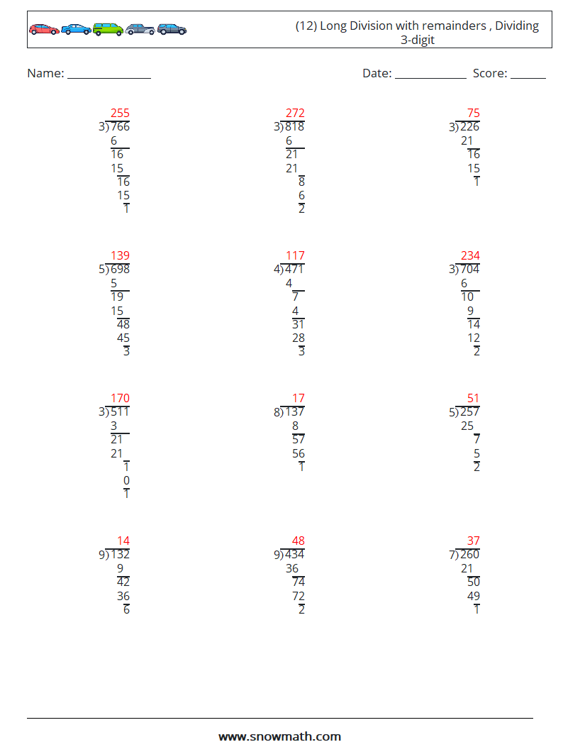 (12) Long Division with remainders , Dividing 3-digit Maths Worksheets 13 Question, Answer