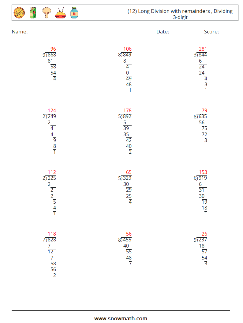 (12) Long Division with remainders , Dividing 3-digit Maths Worksheets 14 Question, Answer