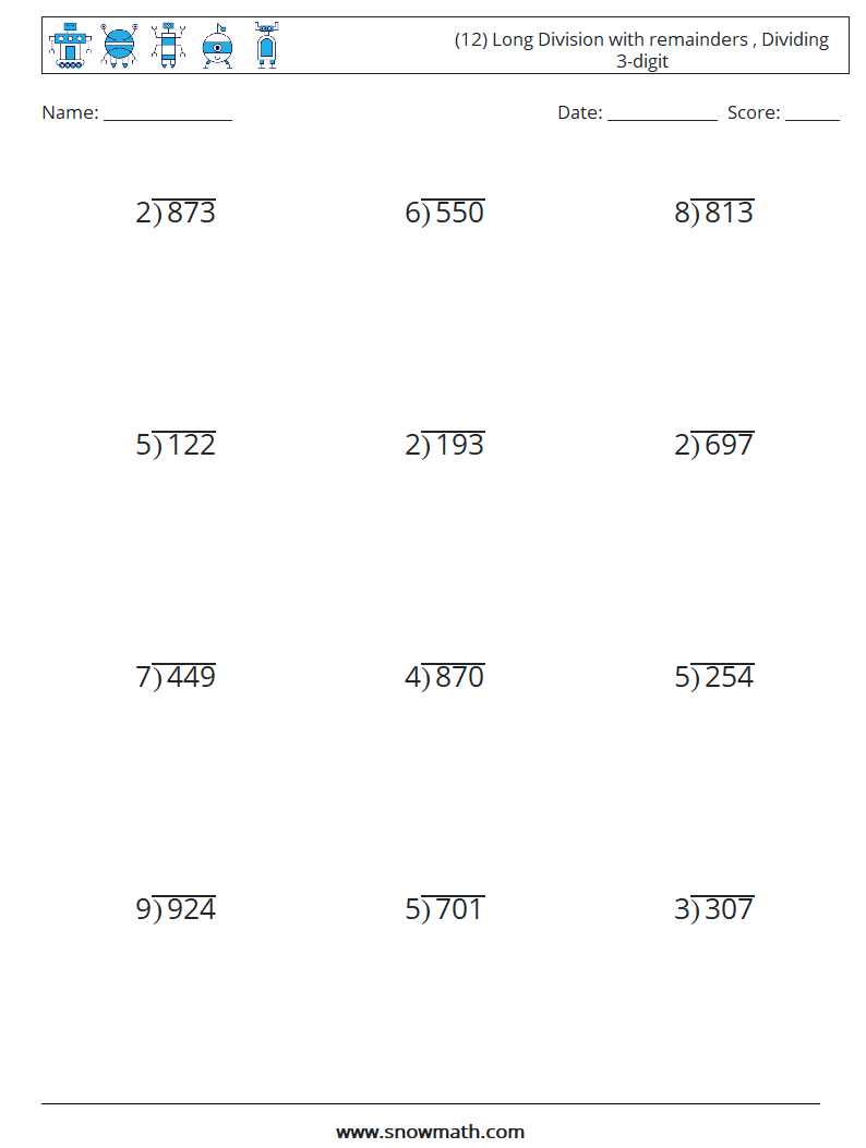 (12) Long Division with remainders , Dividing 3-digit Maths Worksheets 15