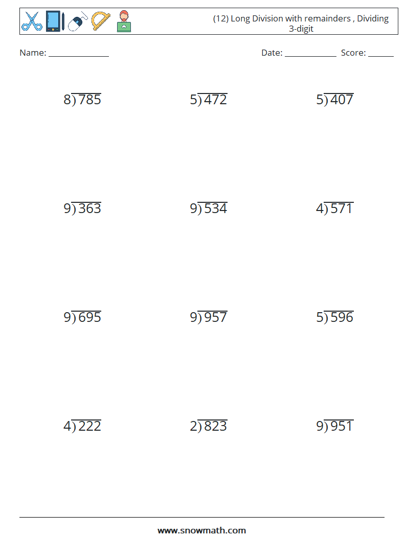 (12) Long Division with remainders , Dividing 3-digit Maths Worksheets 16