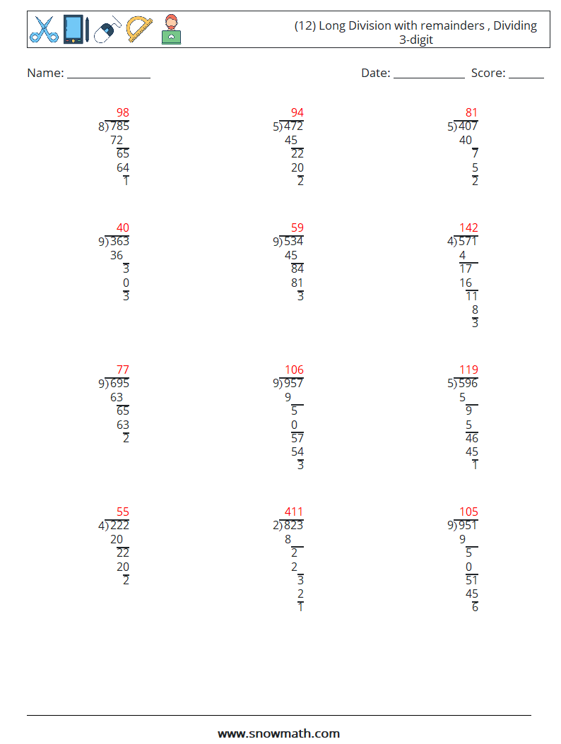 (12) Long Division with remainders , Dividing 3-digit Maths Worksheets 16 Question, Answer