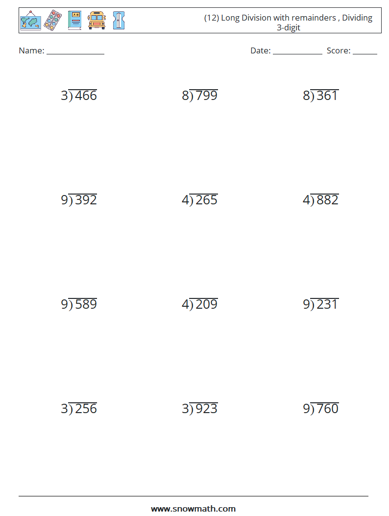 (12) Long Division with remainders , Dividing 3-digit Maths Worksheets 17