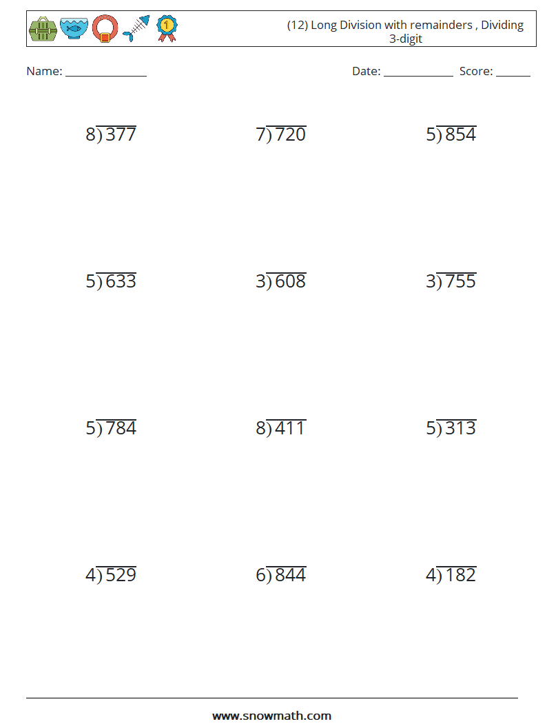 (12) Long Division with remainders , Dividing 3-digit Maths Worksheets 18