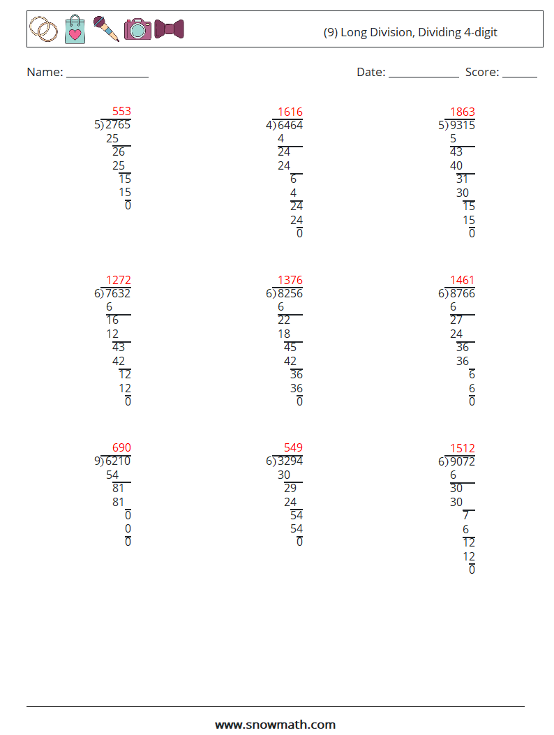 (9) Long Division, Dividing 4-digit Maths Worksheets 11 Question, Answer