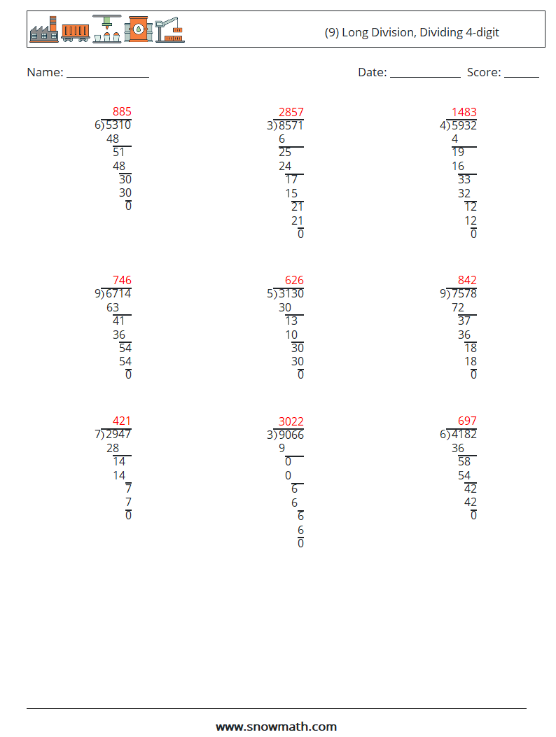 (9) Long Division, Dividing 4-digit Maths Worksheets 12 Question, Answer