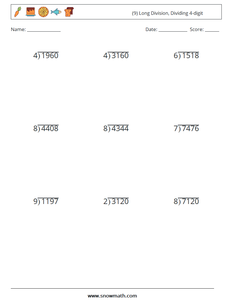 (9) Long Division, Dividing 4-digit Maths Worksheets 14