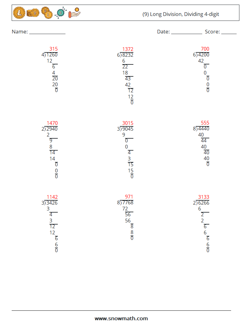 (9) Long Division, Dividing 4-digit Maths Worksheets 15 Question, Answer