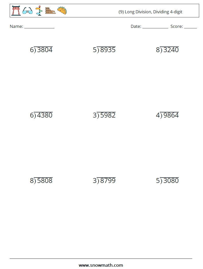 (9) Long Division, Dividing 4-digit Maths Worksheets 16