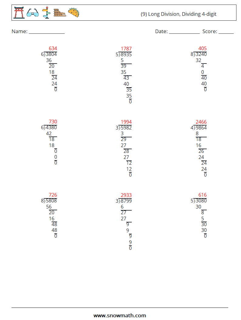 (9) Long Division, Dividing 4-digit Maths Worksheets 16 Question, Answer