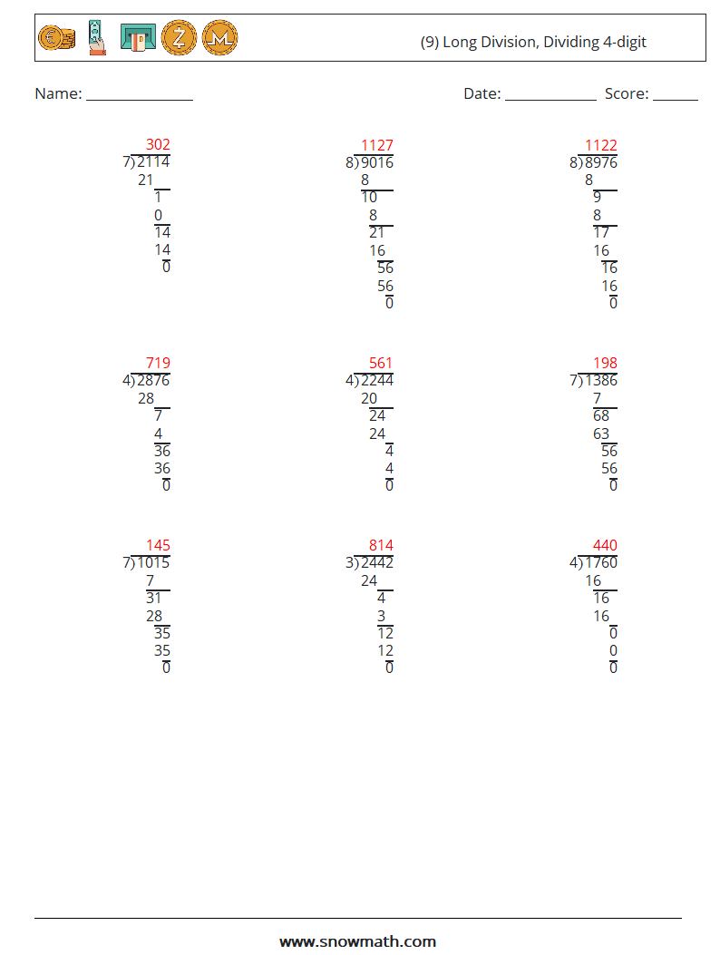 (9) Long Division, Dividing 4-digit Maths Worksheets 8 Question, Answer