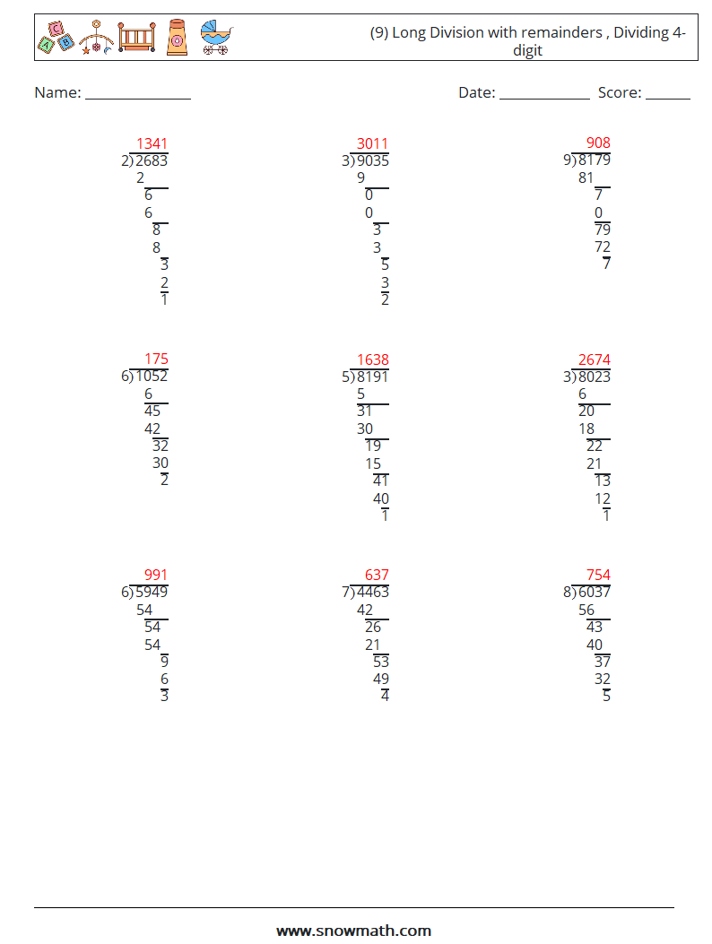 (9) Long Division with remainders , Dividing 4-digit Maths Worksheets 10 Question, Answer