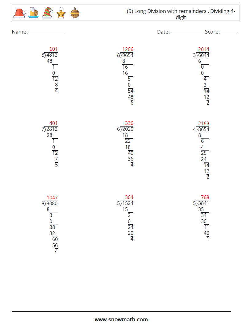 (9) Long Division with remainders , Dividing 4-digit Maths Worksheets 14 Question, Answer