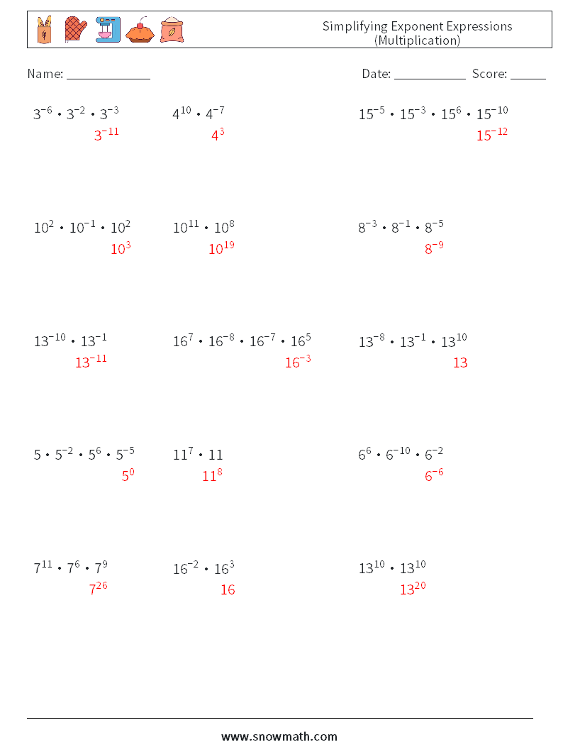 Simplifying Exponent Expressions (Multiplication) Maths Worksheets 4 Question, Answer