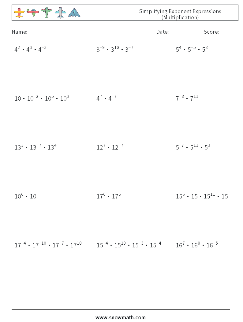Simplifying Exponent Expressions (Multiplication) Maths Worksheets 6