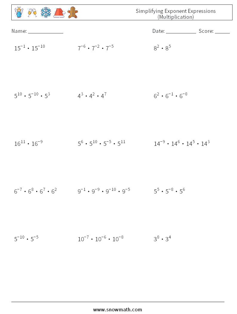 Simplifying Exponent Expressions (Multiplication) Maths Worksheets 8