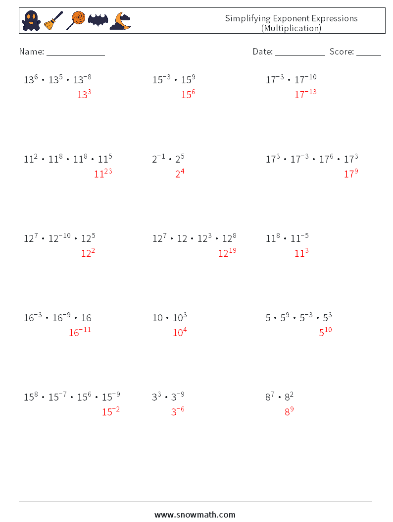 Simplifying Exponent Expressions (Multiplication) Maths Worksheets 9 Question, Answer