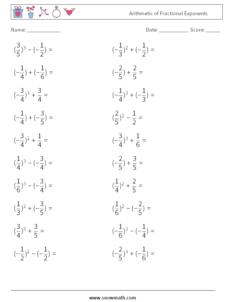 Arithmetic of Fractional Exponents Maths Worksheets 1