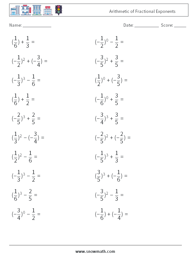 Arithmetic of Fractional Exponents Maths Worksheets 2