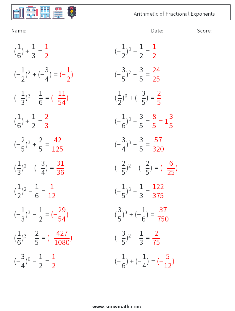 Arithmetic of Fractional Exponents Maths Worksheets 2 Question, Answer