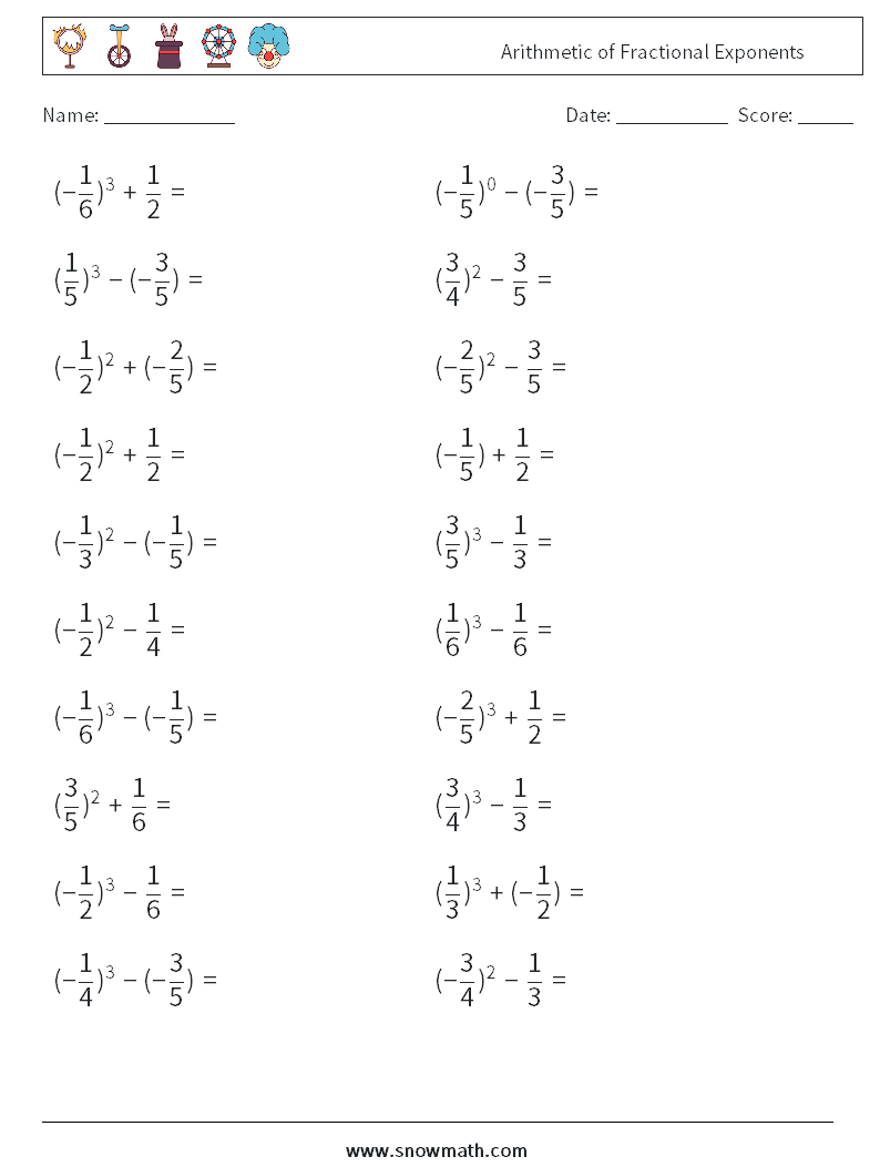 Arithmetic of Fractional Exponents Maths Worksheets 3