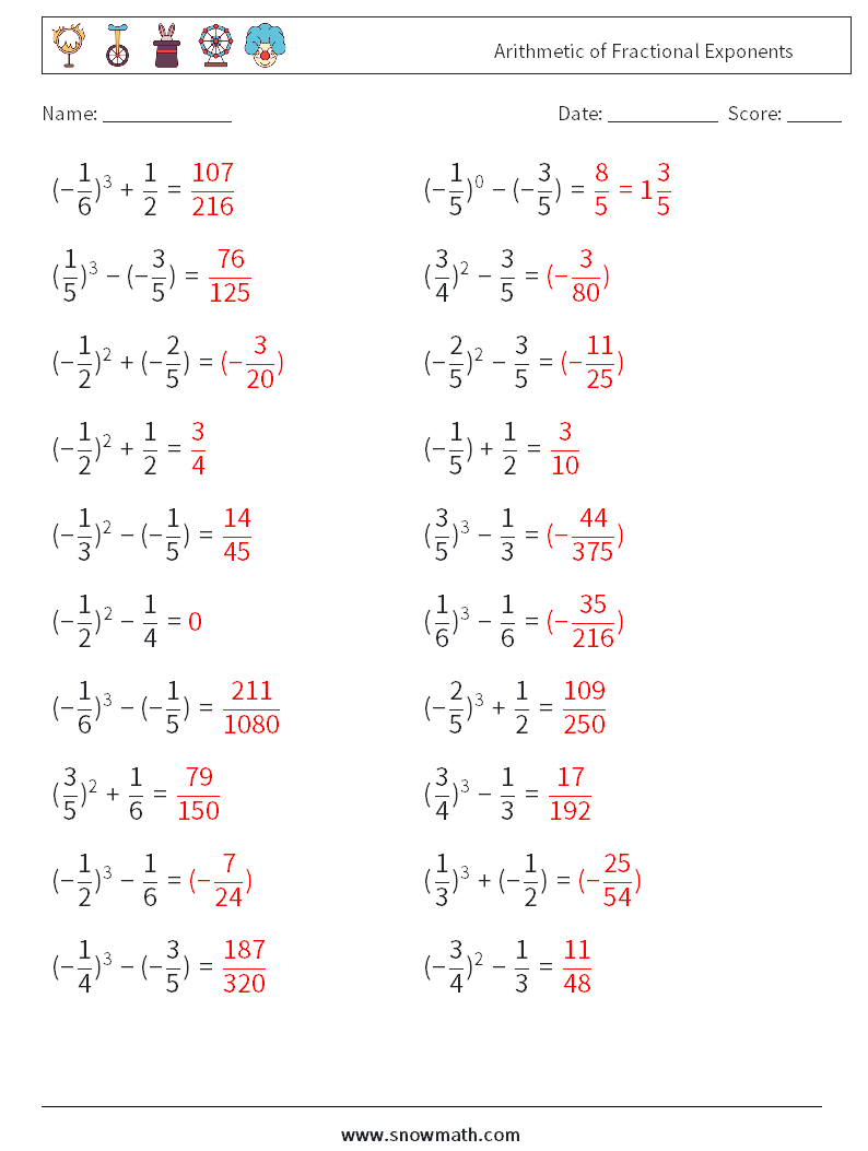 Arithmetic of Fractional Exponents Maths Worksheets 3 Question, Answer