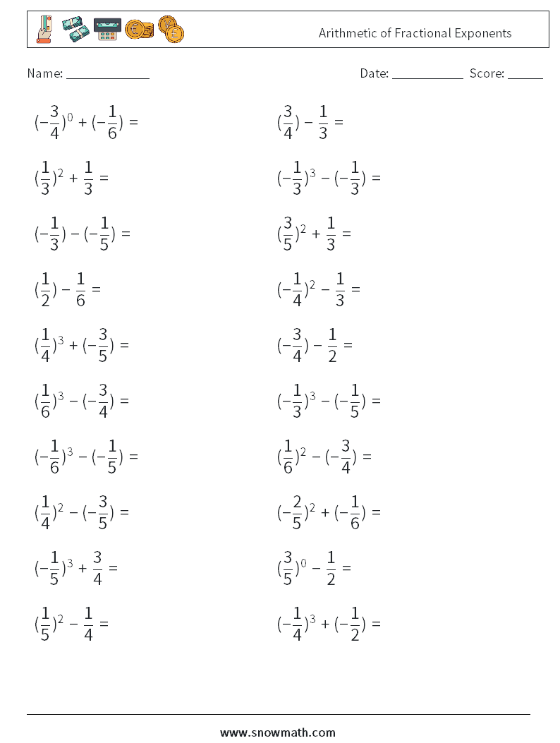 Arithmetic of Fractional Exponents Maths Worksheets 4