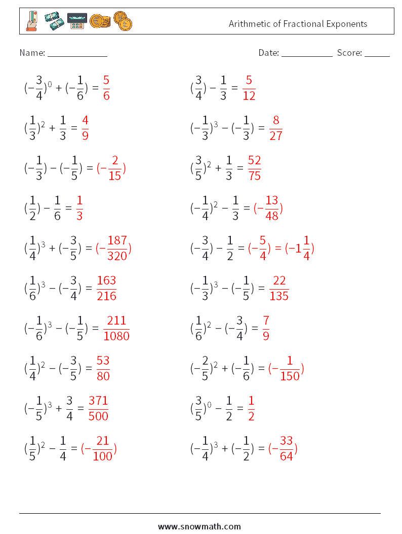 Arithmetic of Fractional Exponents Maths Worksheets 4 Question, Answer