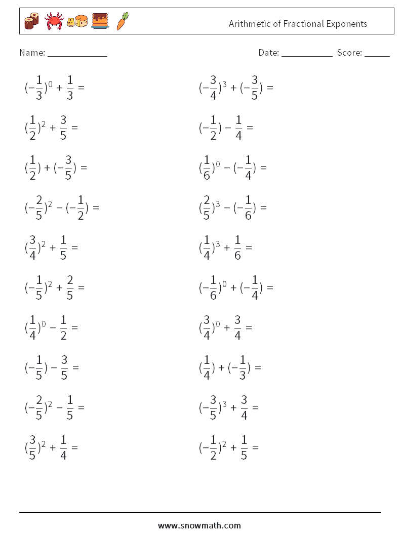 Arithmetic of Fractional Exponents Maths Worksheets 5