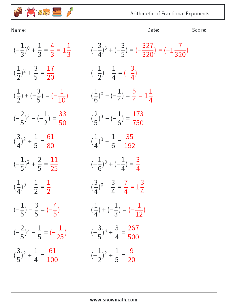 Arithmetic of Fractional Exponents Maths Worksheets 5 Question, Answer