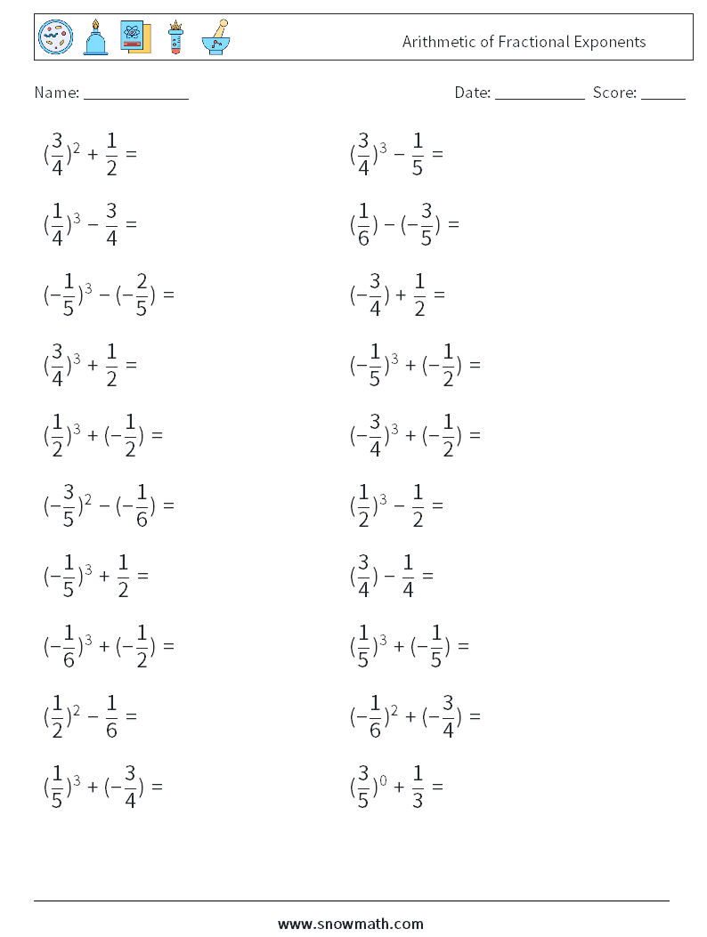 Arithmetic of Fractional Exponents Maths Worksheets 6