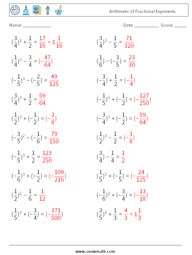 Arithmetic of Fractional Exponents Maths Worksheets 6 Question, Answer