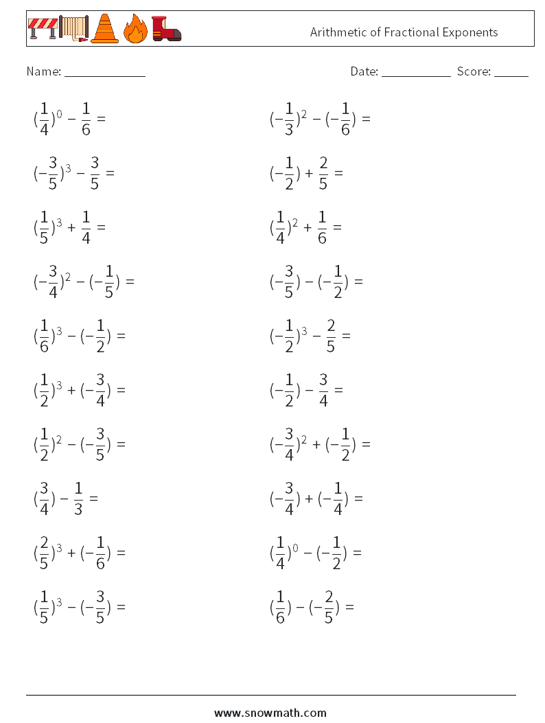Arithmetic of Fractional Exponents Maths Worksheets 7