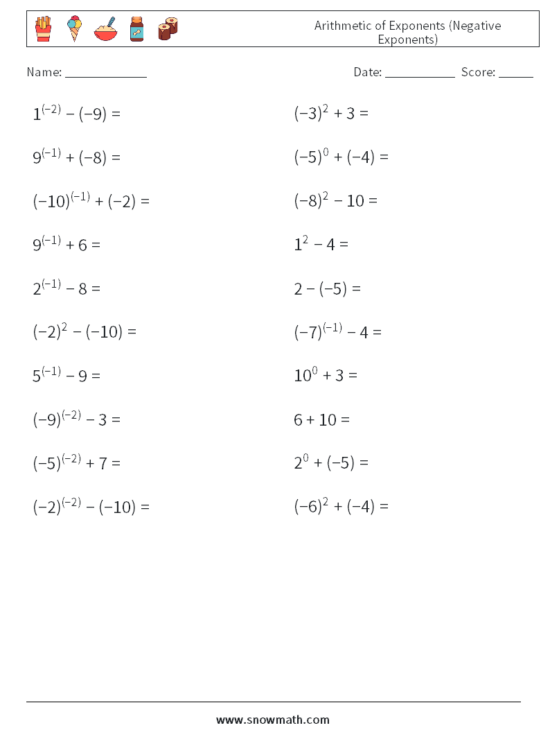 Arithmetic of Exponents (Negative Exponents) Maths Worksheets 1