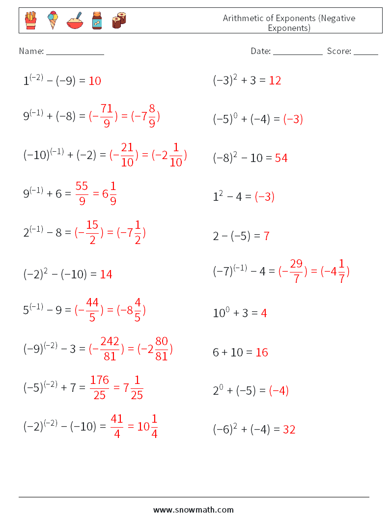  Arithmetic of Exponents (Negative Exponents) Maths Worksheets 1 Question, Answer