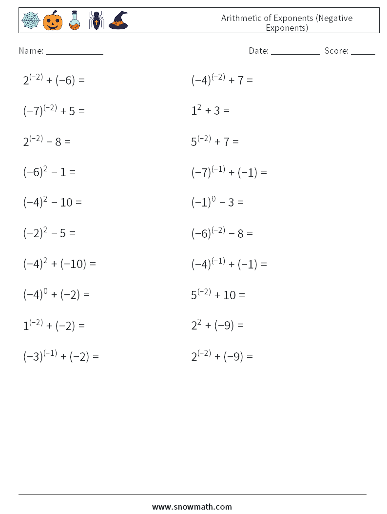  Arithmetic of Exponents (Negative Exponents) Maths Worksheets 2