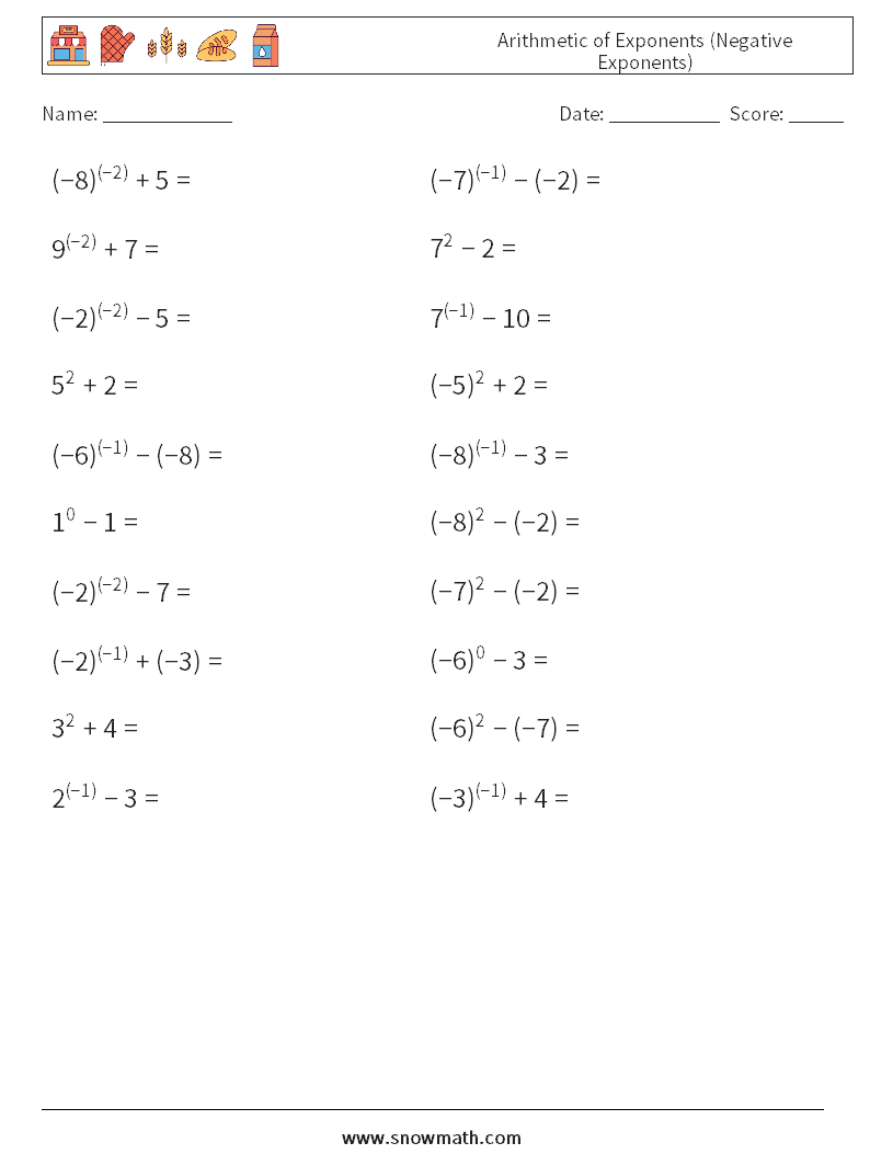  Arithmetic of Exponents (Negative Exponents) Maths Worksheets 4