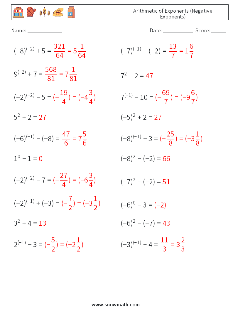  Arithmetic of Exponents (Negative Exponents) Maths Worksheets 4 Question, Answer