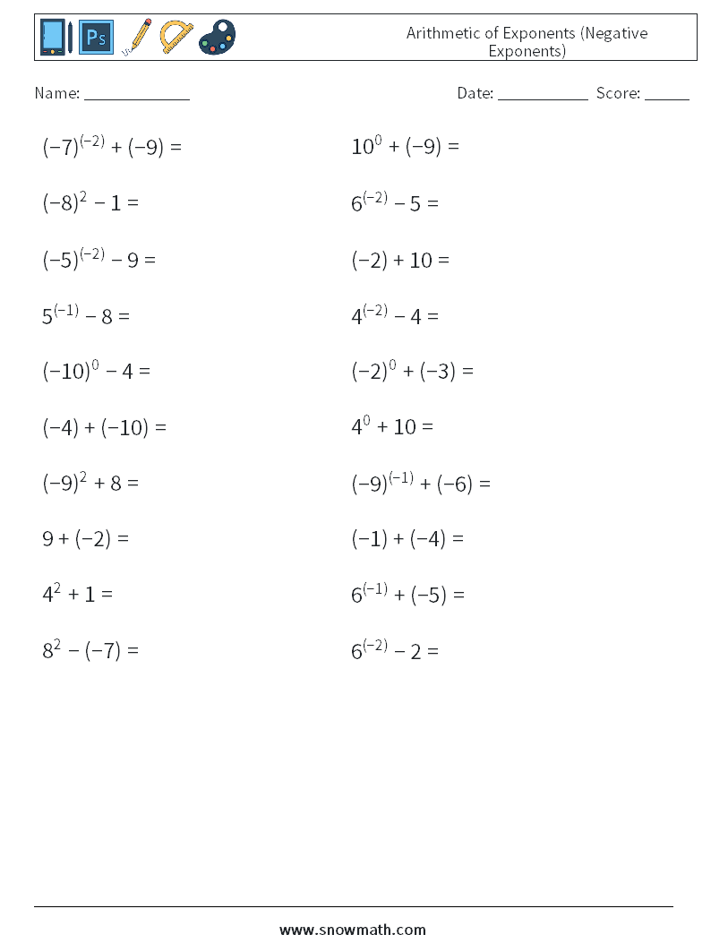 Arithmetic of Exponents (Negative Exponents) Maths Worksheets 5