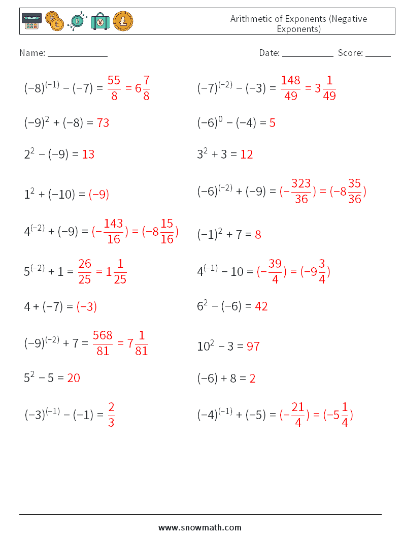  Arithmetic of Exponents (Negative Exponents) Maths Worksheets 6 Question, Answer