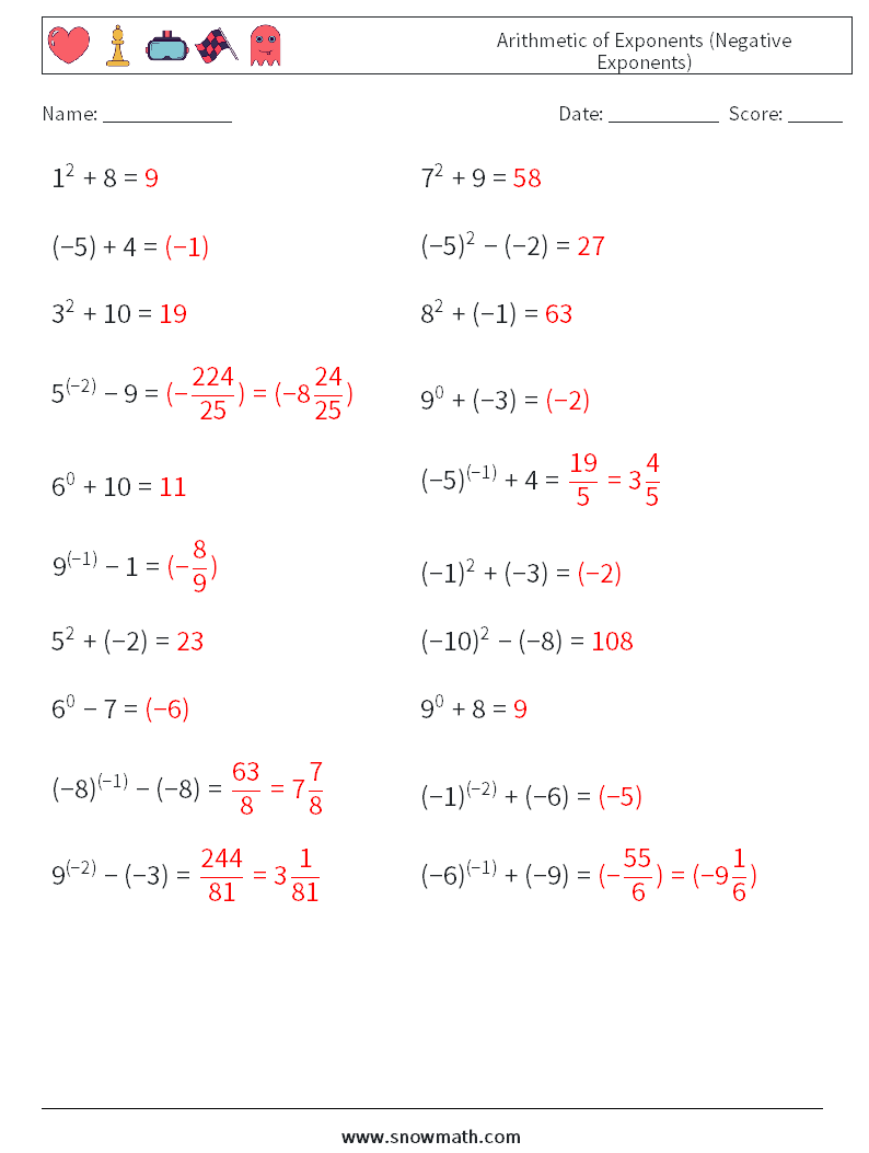  Arithmetic of Exponents (Negative Exponents) Maths Worksheets 7 Question, Answer