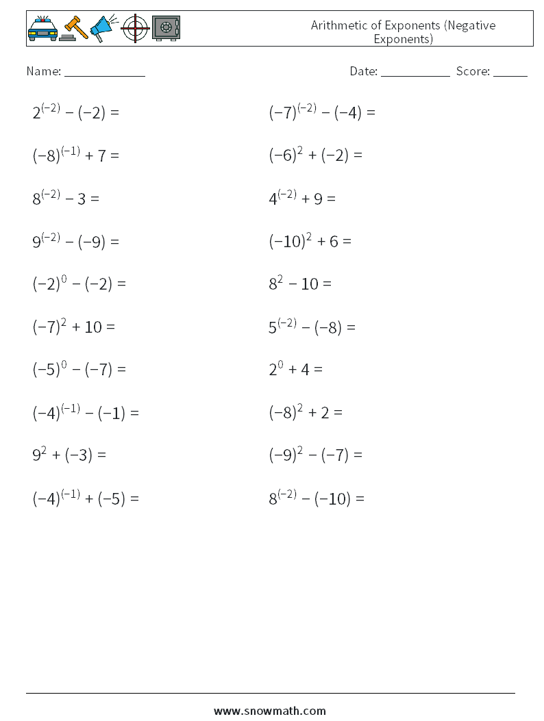  Arithmetic of Exponents (Negative Exponents) Maths Worksheets 8