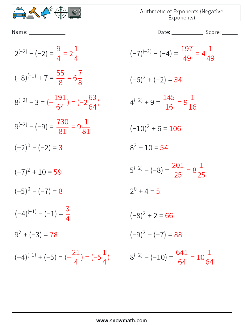  Arithmetic of Exponents (Negative Exponents) Maths Worksheets 8 Question, Answer