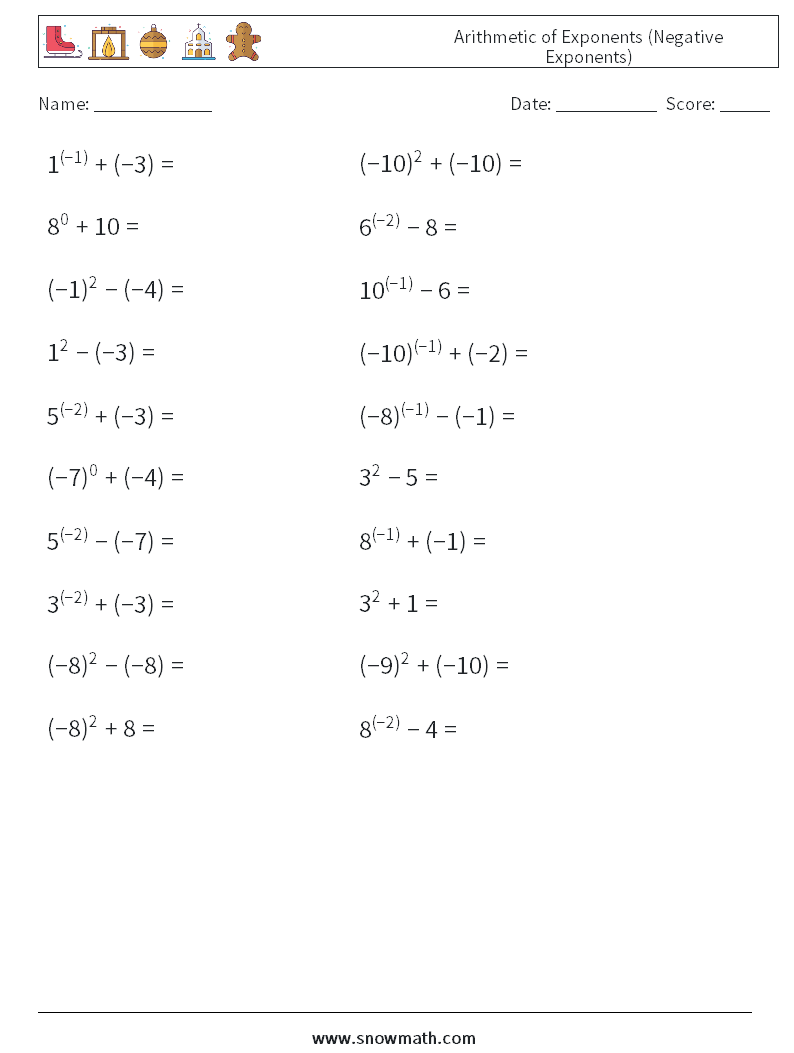 Arithmetic of Exponents (Negative Exponents) Maths Worksheets 9