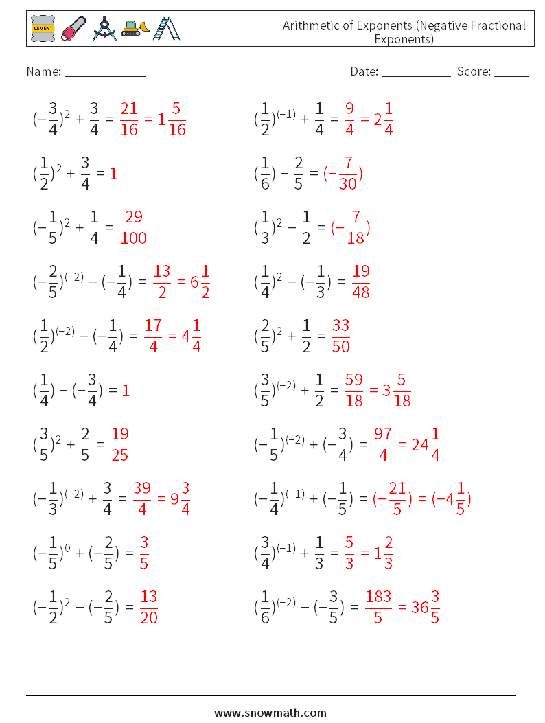  Arithmetic of Exponents (Negative Fractional Exponents) Maths Worksheets 1 Question, Answer
