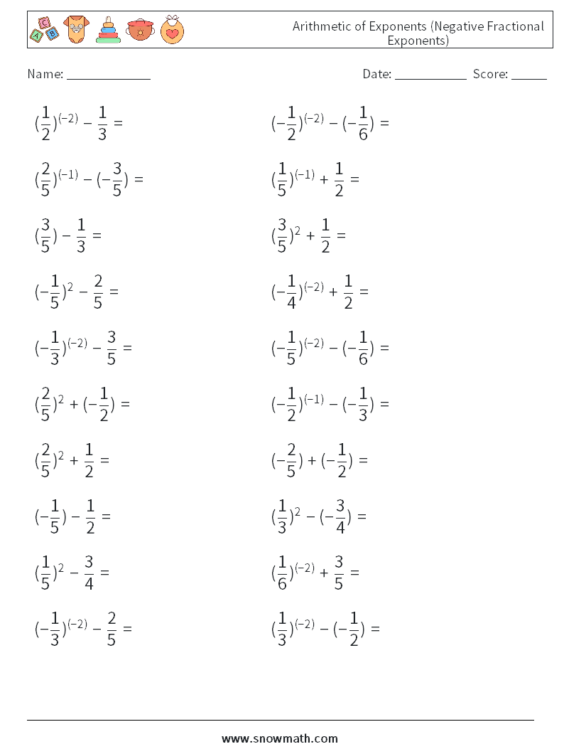  Arithmetic of Exponents (Negative Fractional Exponents) Maths Worksheets 3