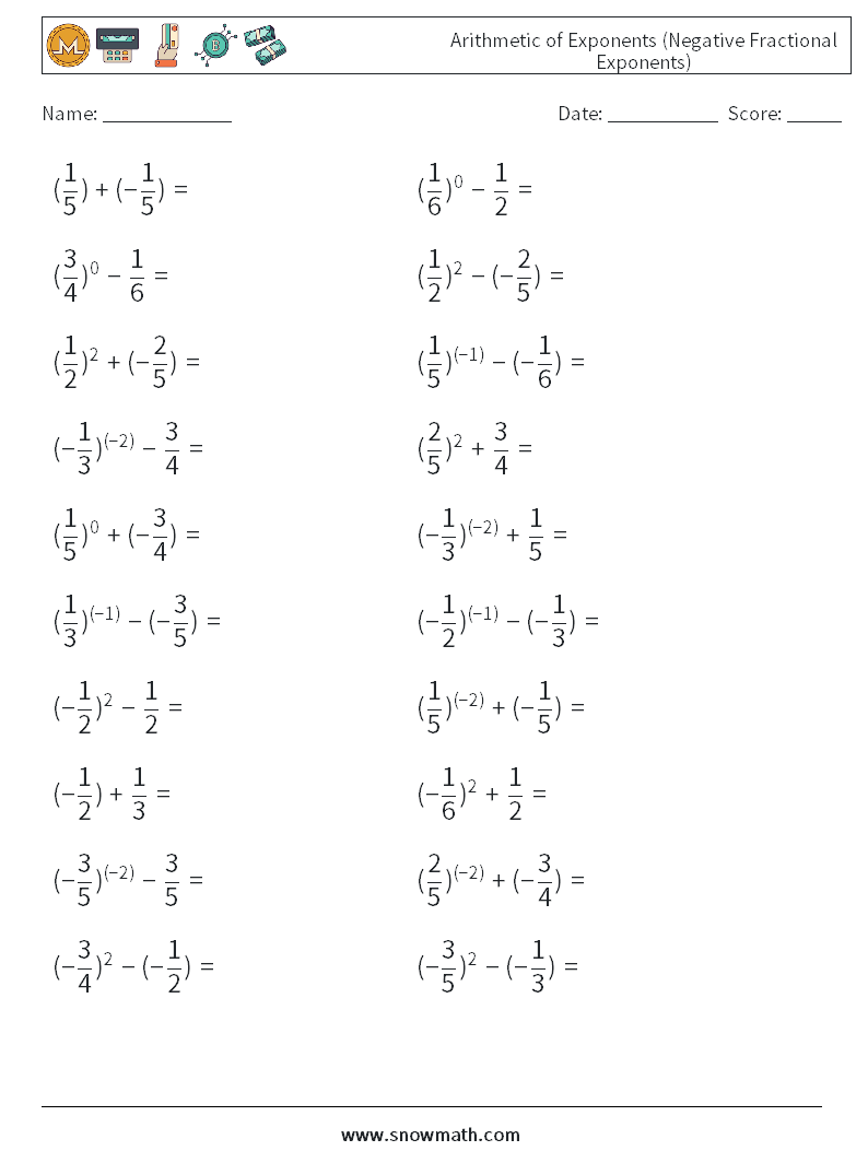 Arithmetic of Exponents (Negative Fractional Exponents) Maths Worksheets 6