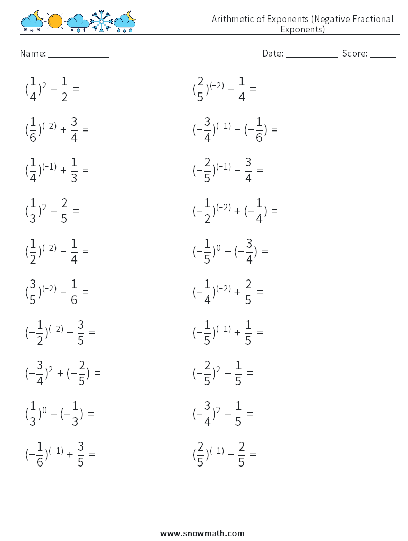  Arithmetic of Exponents (Negative Fractional Exponents) Maths Worksheets 9