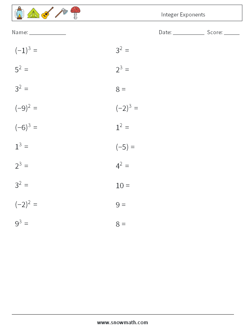 Integer Exponents Maths Worksheets 1